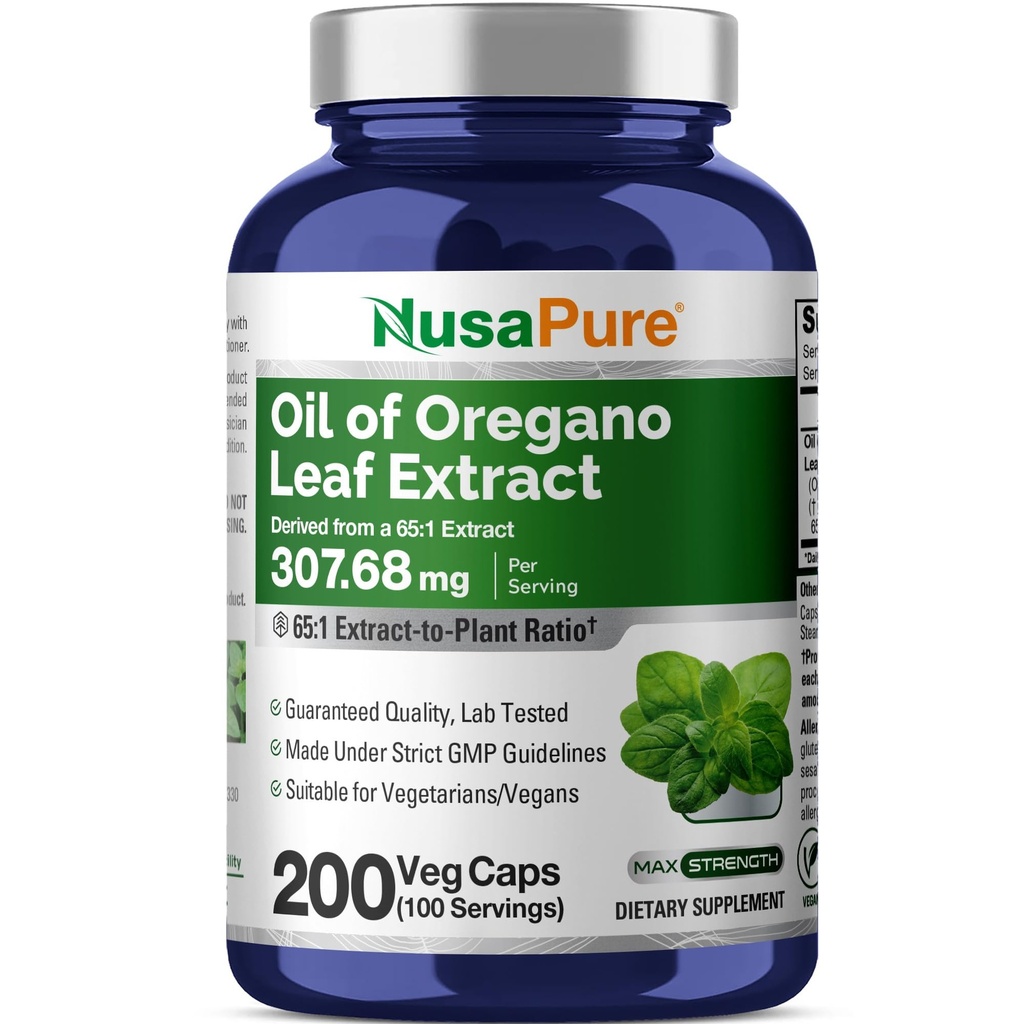 NusaPure Oregano Oil Extract 20000mg | 200 Veggie 粉末 Capsules | 自然产生卡瓦科罗尔 | Non-GMO 和 extract 65:1