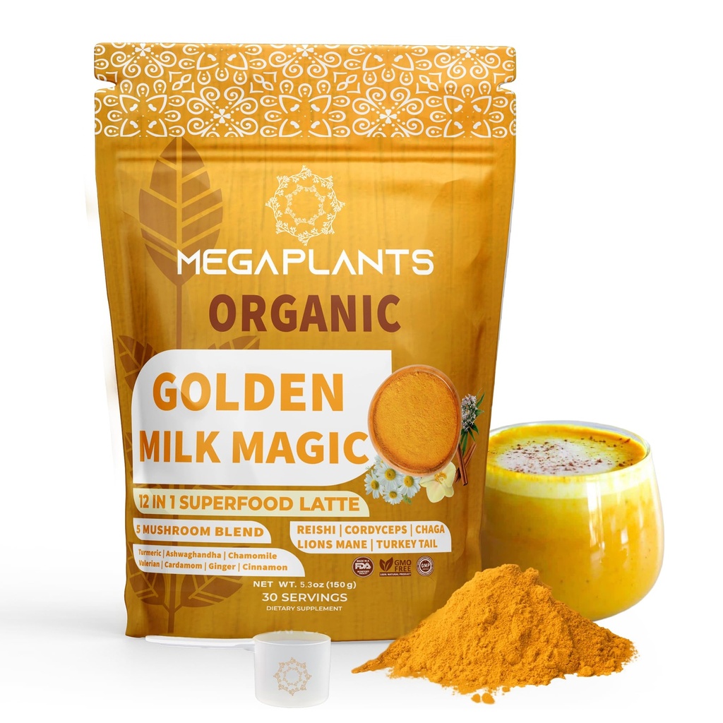金牛奶魔法(50 services) QQ 超级食品 5 蘑菇搅拌剂 睡眠,放松,救济 QQ Turmeric, Ashwaghanda, Valerian, Chamomile + 5 蘑菇搅拌剂 QQ 平滑,热饮料