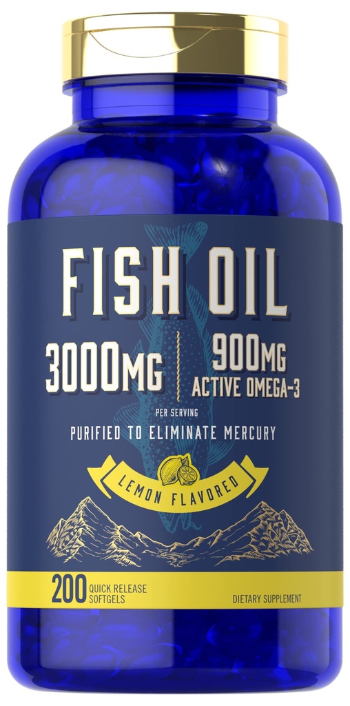 卡莱尔鱼油 3000mg → 900mg Omega 3 → 200 软胶 → Lemon Flavor → Non-GMO 和 Gluten 免费补充品