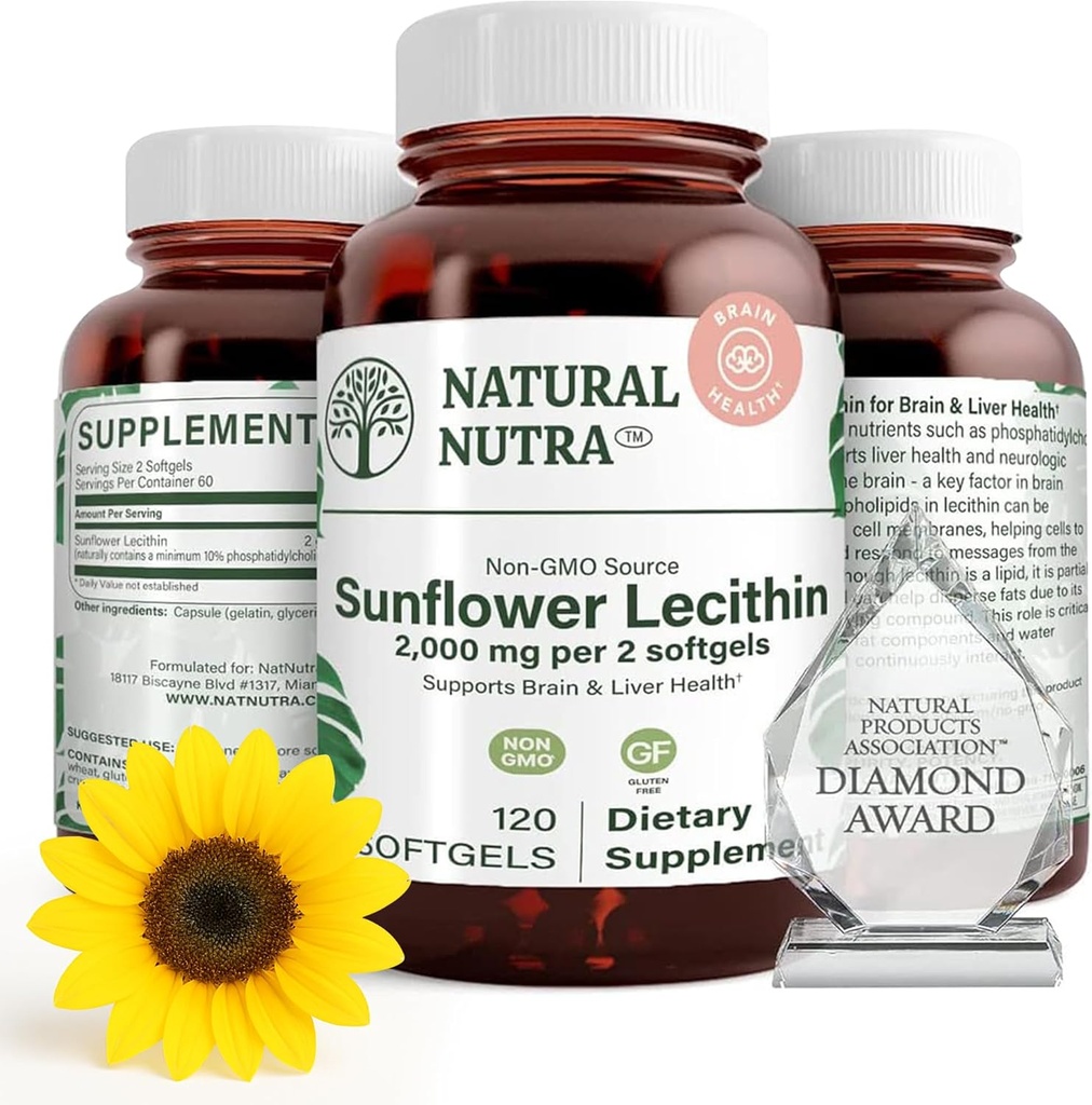 Natural Nutra Sunflower Lecithin 2000 mg 补充剂,支持母乳喂养的妈妈,配有Plugged Milk Duct Relief, Liver & Brain Health Booster,Soy Free,N-GMO,Gluten Free,120 Softgels(3包)