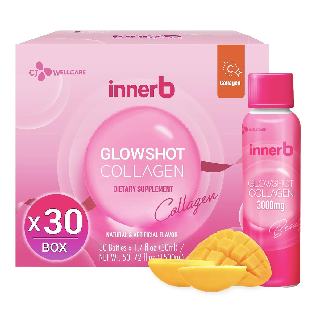 CJwellcare Innerb Glowshot Collagen(50.7 fl oz,30 services) - 海洋液体Collagen for Women, 3,000mg Collagen Peptides, Collagen Shots for High Absolute, Hair, Skin & Nails 补充材料