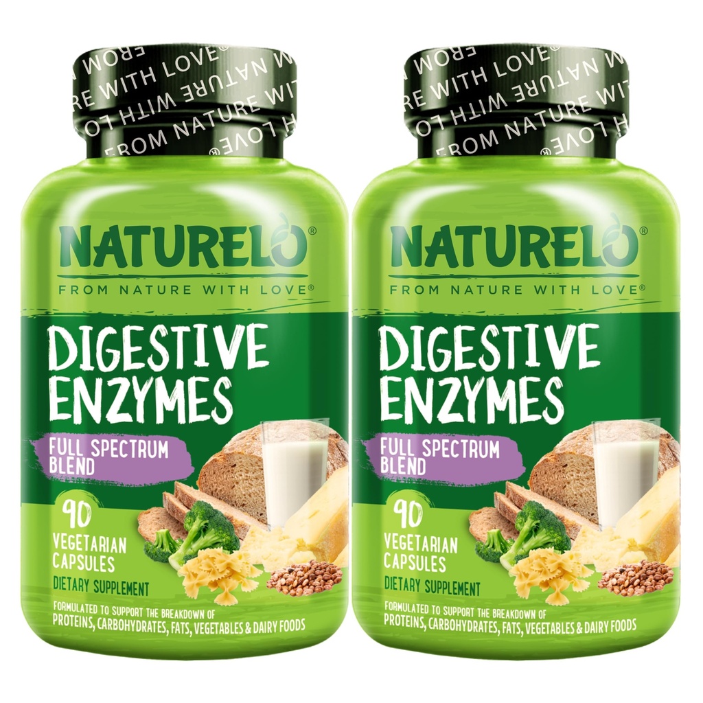 NATURELO 消化酶 - 全光谱支持 15种酶加姜的宽混合剂 - 90 Vegan Capsules (Pack of 2)