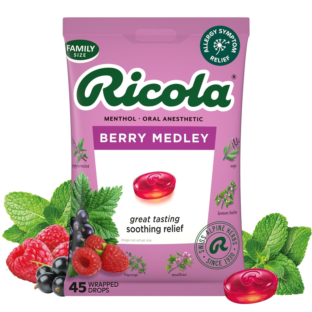 Ricola Berry Medley喉咙滴水,45个伯爵,美味的喉咙救济和护理,口腔麻醉,自然火焰