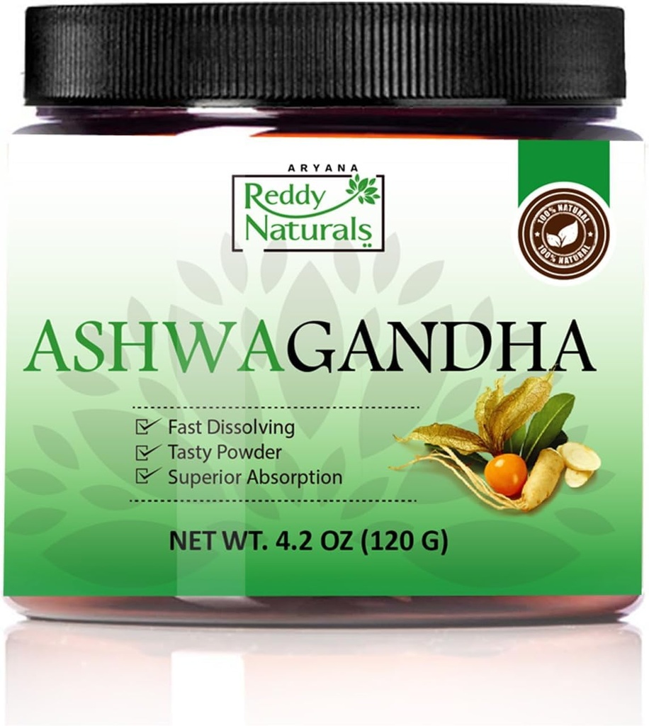 Reddy Naturals Aryana纯有机Ashwagandha Powder - 含有10%Whatanolides的高角根提取器 - 压力和能量支持的天然橙色火焰 - 4.2 OZ(120g)