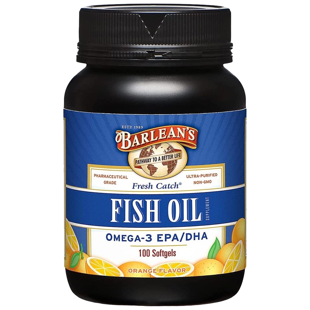 Barlean的《Omega 3 鱼油补充品》,《男女软胶补充品》,600mg EPA 和 DHA 脂肪酸,《橙色裂纹》,《100个伯爵》