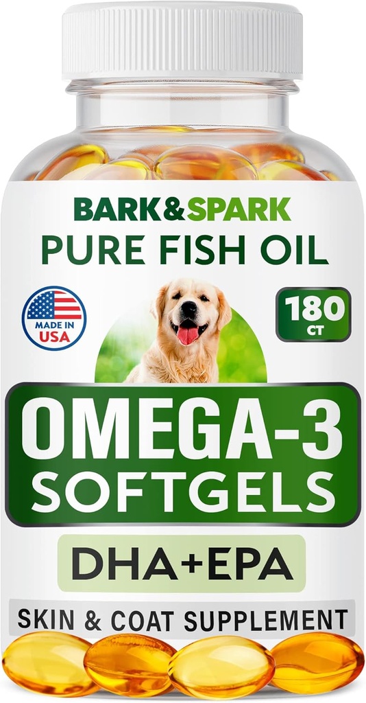 BARK&SPARK OMEGA 3 狗肉 - 180 鱼油软胶用于狗舍丁,皮肤过敏,消痒,热点治疗 - 联合健康 - 皮肤和煤炭补充 - EPA & DHA 脂肪酸 - 沙门油