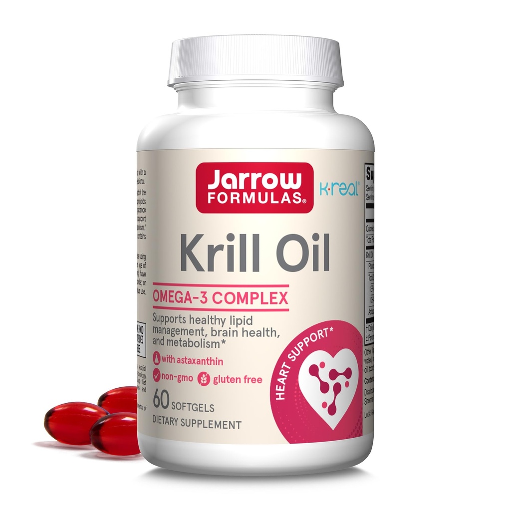 Jarrow Formules Krill Oil - 磷脂Omega-3 配有Astaxanthin的复合体 - 60 Softgels - 30 services - 支持利皮管理,代谢,脑与心脏健康 - EPA & DHA - Gluten Free - 非GMO