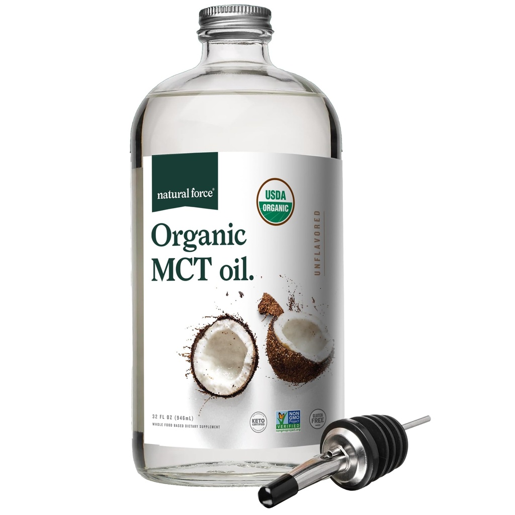 天然力有机MCT Oil – 纯玻璃瓶 – 由100%冷压的维尔京椰油 + 认证的Keto, Paleo, Kosher, Vegan & Non-GMO – 测试质量和纯度的实验室 – 32 Ounce