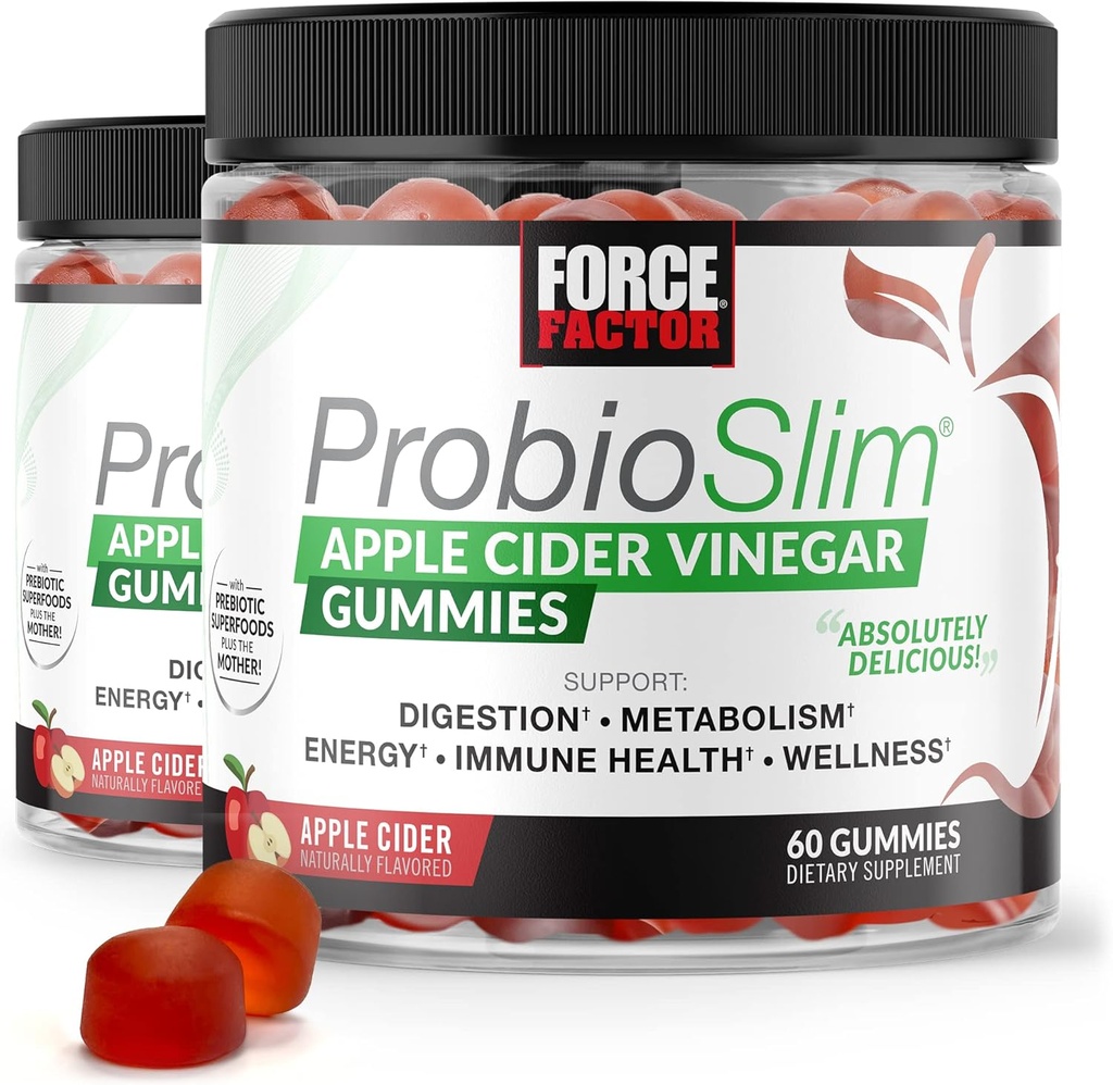 FORCE FATOR ProbioSlim Apple Vider Vinegar Gummys, 2-Pack, 与有机苹果苹果苹果苹果Vinegar和LactoSpore Probiotics和Prebiotics 支持消化、代谢和Immune健康, 120 Gummys