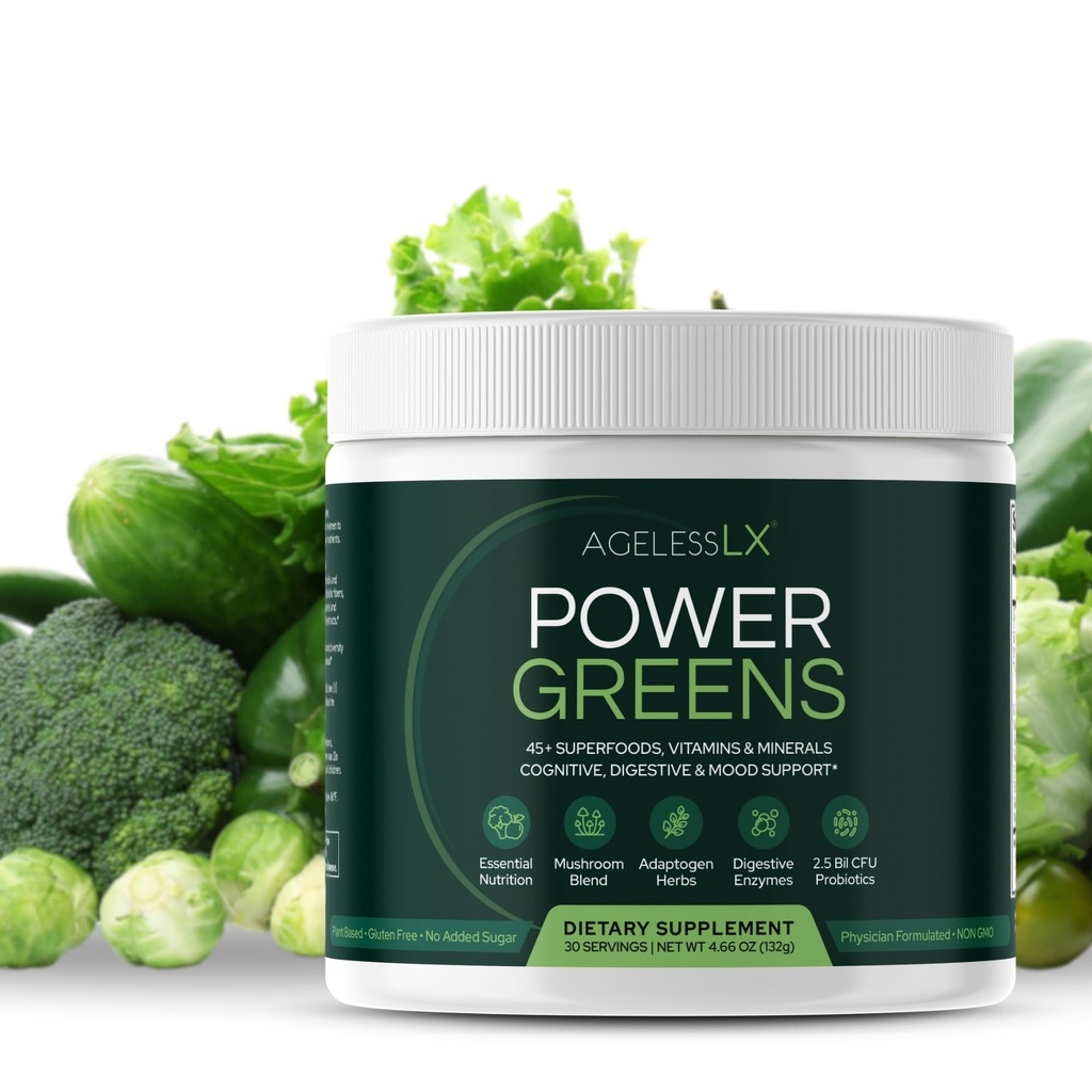 无老年LX Power Greens,42种配有亲生药的超级食品,酶,以及增强能量、豁免和消化健康预生纤维,30种服务