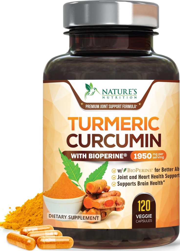 Turmeric Curcumin Supplement 1950mg - 95% Curcuminoids 有机Turmeric & BioPerine Black Pepper 提取最佳吸收,自然维冈联合支持,非GMO,美国瓶装 - 120 Capsules