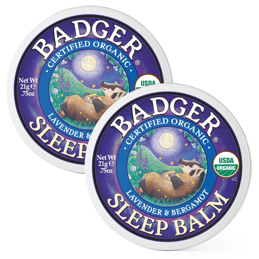 Badger Sleep Balm,有机基本油膏疗法 成人和孩子自然睡眠 Balm, 放松和冷静 Lavender & Bergamot 自然睡眠支持, 75 oz Tin, 2-Pack