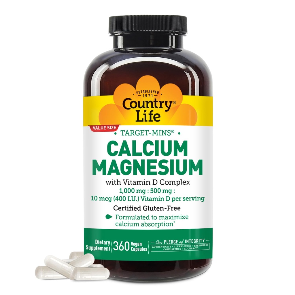 乡村生活目标-米斯钙镁与维生素D-Complex,1000mg/500mg/10mcg,360 Vegan Capsules,认证Gluten Free,认证Vegan,认证非GMO验证.
