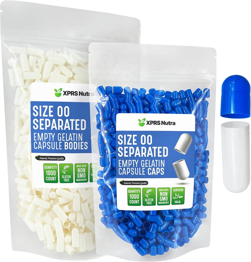 XPRS Nutra 分离的卡普勒斯大小为 00-1000 空格莱汀卡普勒斯在 Bags 中分离 - Premium 空格00 Pills 用于 DIY 补充填充(蓝色/白色)