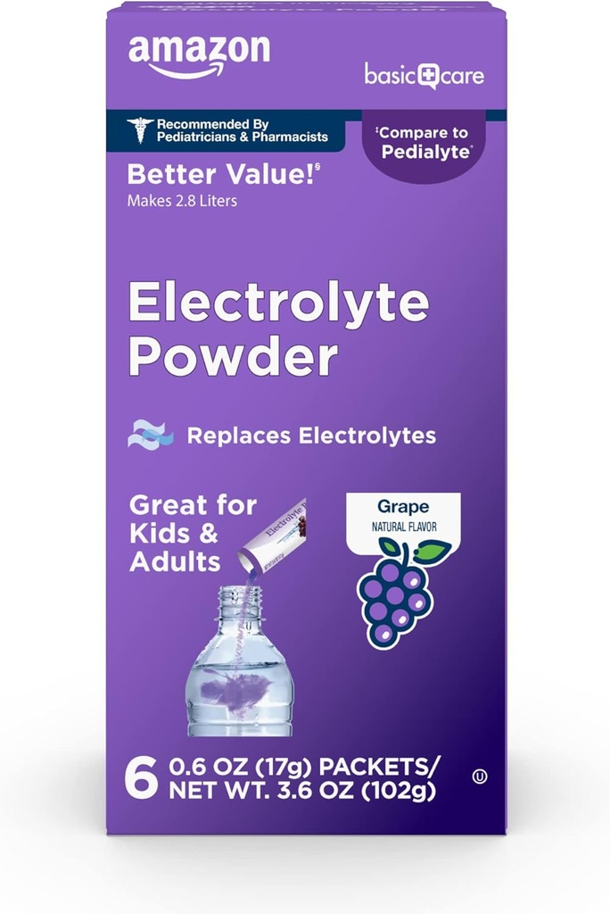   Basic Care Electrolyte Powder Packets for Rehydration for Kids & Adults, Grape Flavor, 6 Count (Pack of 1)