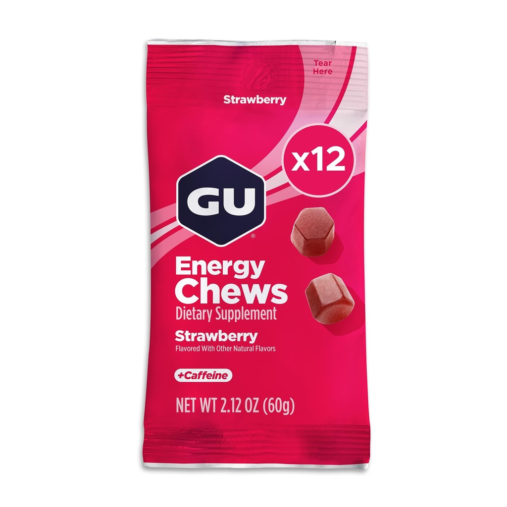 GU Energy Chews, 草莓能源加电解质, Vegan, Gluten-Free, Kosher, 20毫克咖啡因,以及乳制品免费供任何工作使用, 12袋(共计24件)