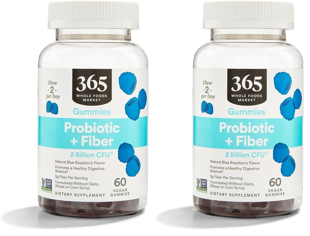 365 由全美食品市场,Gummys Probiotic Fiber 2 Bill Blue Raspberry, 60 Counter (Pack of 2).