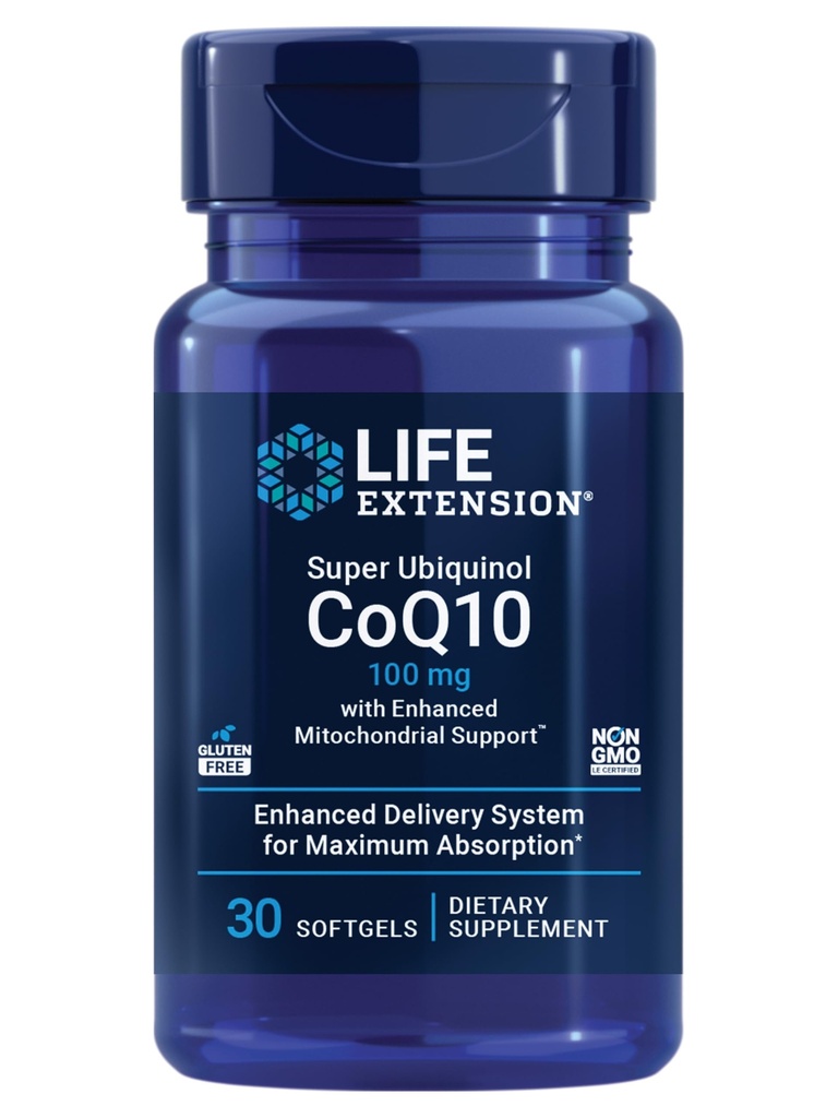 寿命延长 Super Ubiquinol CoQ10 配有增强型Mitochondrial支持TM,心脏健康补充,最大吸收,100 mg,N-GMO,Gluten-Free,30软胶