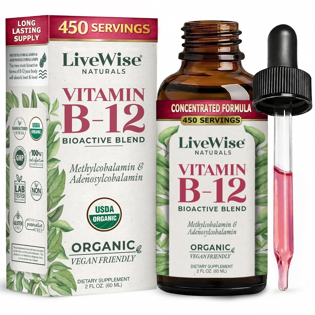 B12液体维生素亚语 – 全自然液体维生素维根 B12 滴水 – 非GMO Adenosylcobalamin Methylcobalamin B12 补充 – 推动你的免疫系统,代谢,能量和焦点!