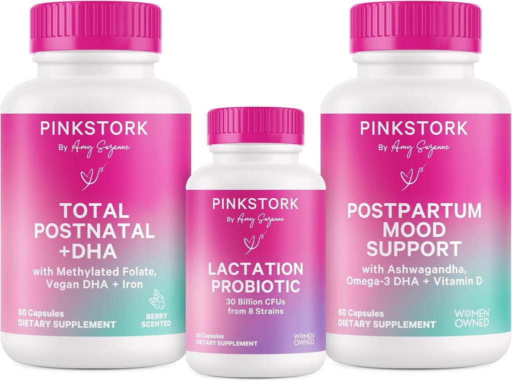 Pink Stork New Mom Nessities Bundle:带有DHA和Folic Acid的产后维生素,乳乳品供应+免疫支持的乳剂,产后Mood+Hormone支持,产后基本药物