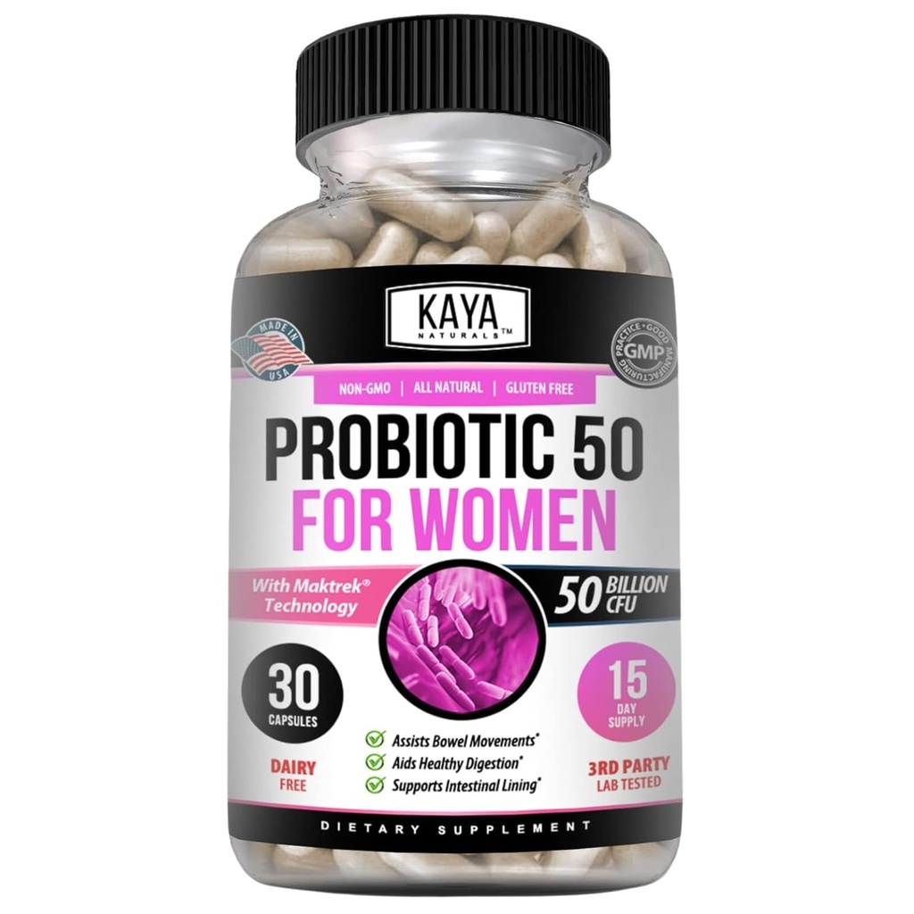 Kaya Naturals Probiotic 5亿 CMU - 女性的Probiotics,男性和成年人的Probiotics,自然的 - Gut Health & Immune支持补充 - 提供消化支持 - 30个蔬菜卡普尔