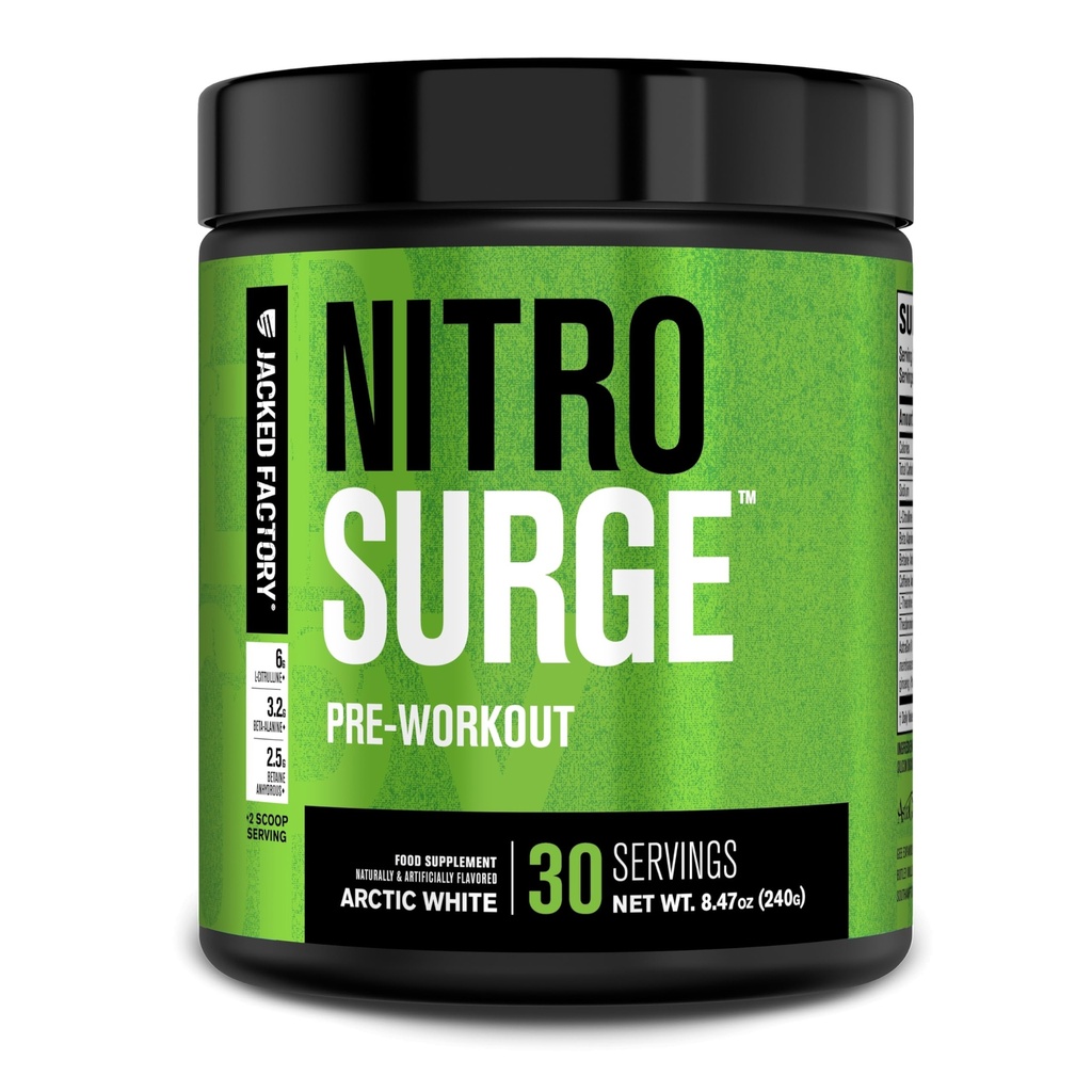 Jacked Factory NITROSURGE 工作前补充 - 无穷能量,即时强力增益,清晰焦点,强力泵 - NO助推器和强力工作前能源粉 - 30 services, 北极白