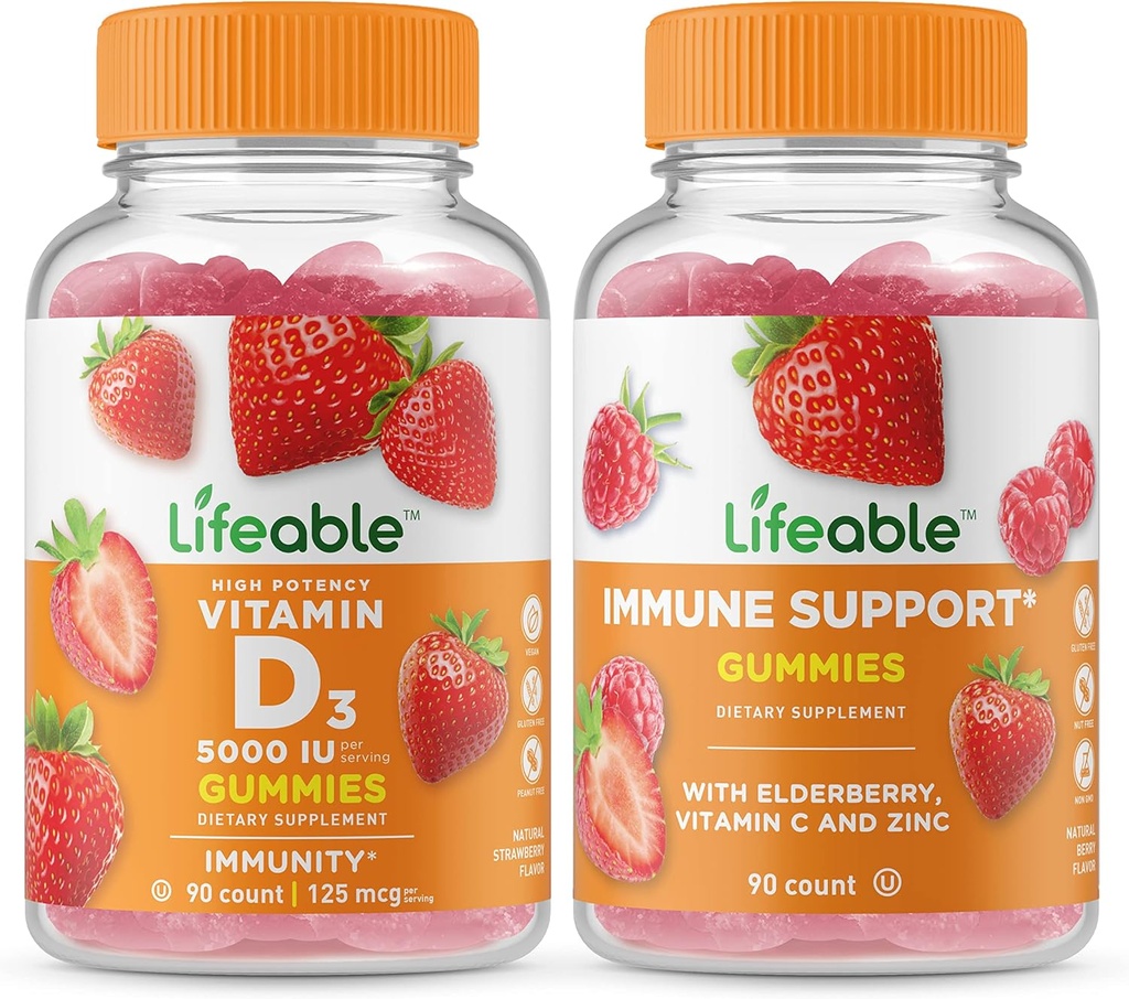 活生生的维生素D5000 IU + 免疫支持,Gummys Bundle - Great Tasting,维生素补充,Gluten Free, GMO Free, Chewable Gummy (英语).