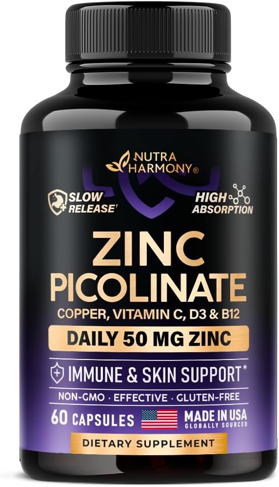 锌 Piclinate 50mg - 配有铜,维生素D3和B12的锌补充剂 - 胃友好 QQ 慢释 - 免疫支持和皮肤健康 - 高吸收生物Perine和维生素C - 60 Capsules