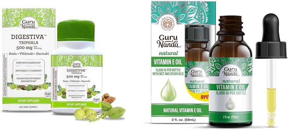 GuruNanda Digestiva Triphala (240平板电脑) & 维生素E Oil (2 Fl Oz) - 支持文摘,帮助布洛丁和便秘,与Amla,Haritaki & Bibhitaki的饮食补充
