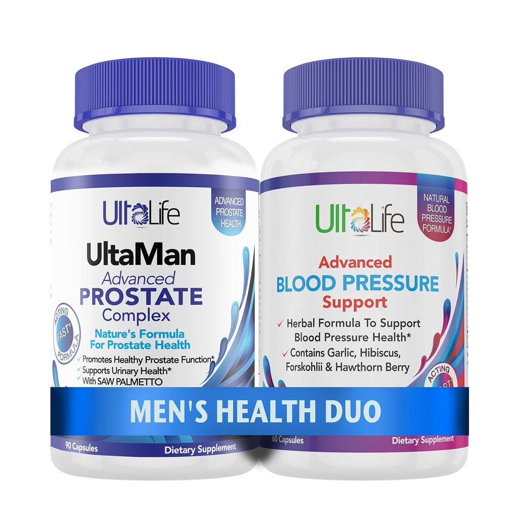 ULTALIFE 男子健康 Duo - 2瓶 - 带有Saw Palmetto & Beta Sitosterol 和 One High Blood 压力补充剂的前列腺支持综合体,配有 Garlic & Hawthorn Berry 男子快速行动盖