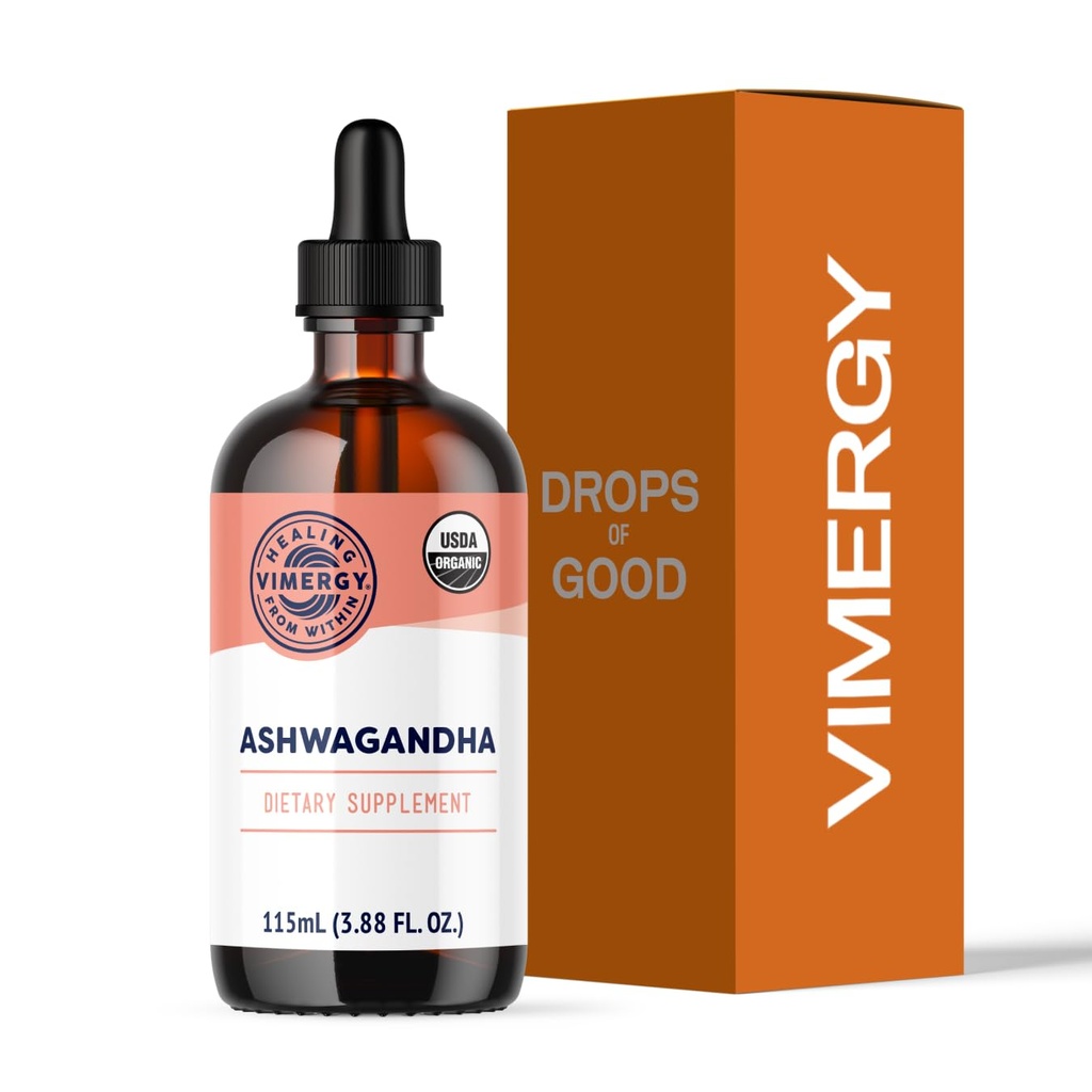 Vimergy USDA Organical Ashwagandha 液体提取器,57 Services – Stress Suppers – Adaptoin – 支持认知函数 – 支持睡眠支持 – 无酒精,非GMO, Vegan & Paleo 友好(115 ml)