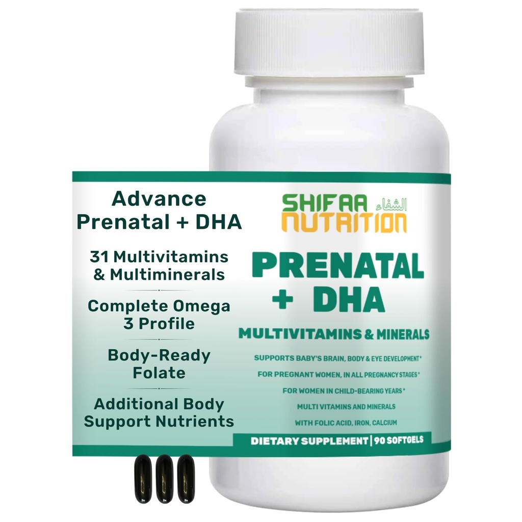 SHIFAA 含DHA和Folic Acid 90 软胶、Keto-Friendly 维生素C 120毫克、DHA 250毫克、Folic Acid 800毫克、EPA 90毫克、Biotin和碘