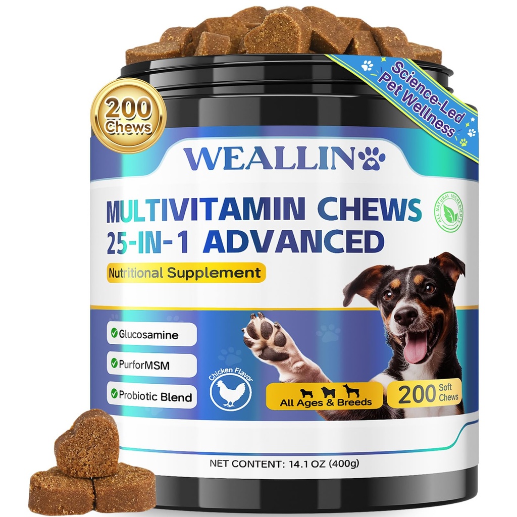 狗维他命 - 25-in-1 狗维他命和多维他命与Glucosamine Probiotics Omega-3 Puppy 多维他命 Chewable for Coat, Heart, HIPS & Joints, Digestion & Immune System 200pcs