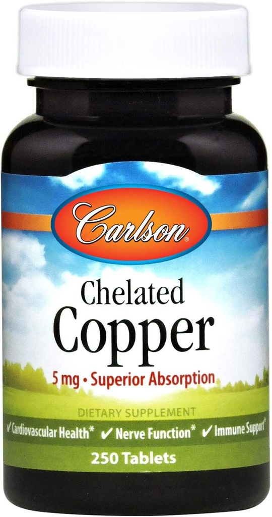 Carlson - Chelated铜,5毫克,高级吸收、循环健康、神经功能和免疫支持,250片