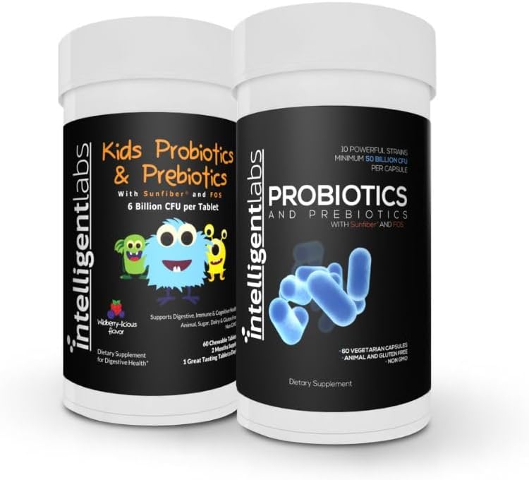 智能实验室 2- in-1 儿童 Probiotics (6亿 CPU 配有 Sunfiber 和 FOS) + 成人 Probiotics (50亿 CPU, 10 Strains), 不需要冷冻, 每瓶供应2个月
