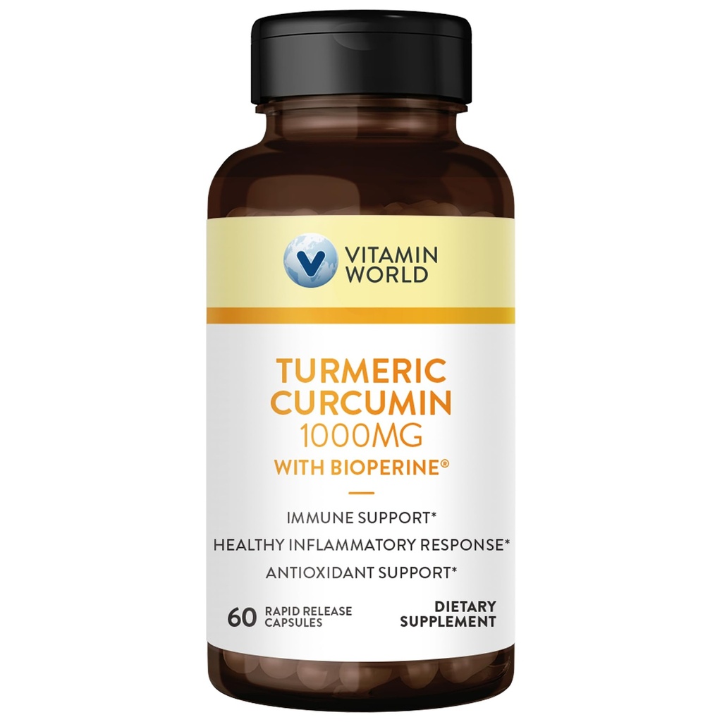 维生素 World Turmeric Curcumin 1000mg, BioPerine Black Pepper 提取剂促进更好的吸收, 95% Curcuminoids, 抗氧化剂和联合支持的Turmer 补充剂, 无胶囊, 60 Capsules