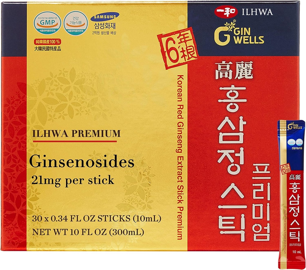 ILHWA Premium Korean Red Ginseng 提取棒(0.34fl oz X 30 Sticks) - 豁免. 每服21毫克