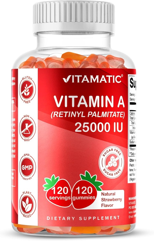 维生素A 25000 IU Gummys(棕榈酸氨基) - 天然草莓 Flavor - 120 Pectin基 Gummys(3瓶)
