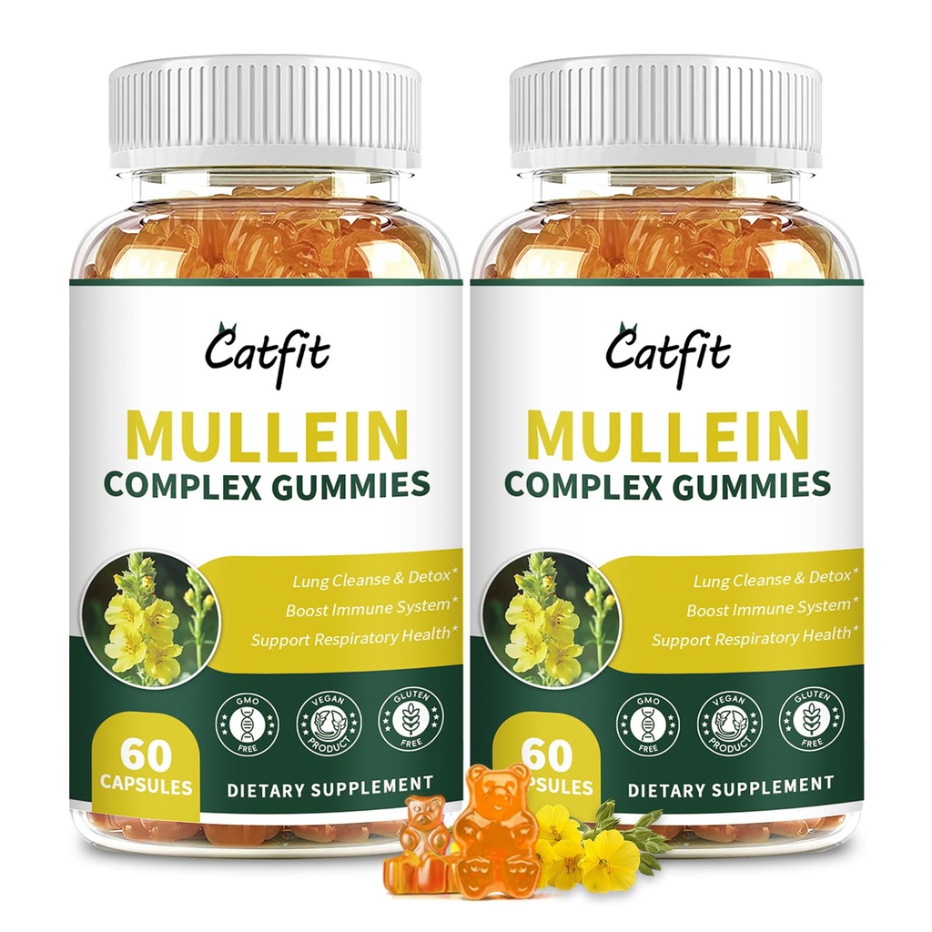 (120 pcs) Mullein Gummys for Lungs Detox – Mullein Leaf 提取剂配有 Quercetin, 用于呼吸和免疫支持的 老年莓, 用于吸烟者的呼吸和肺清洁剂, Vegan, Pineapple Flavor, (2 Pack)