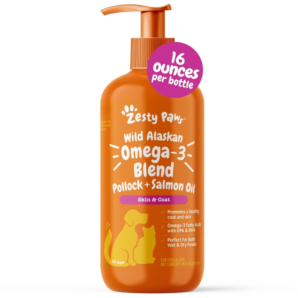 Zesty Paws 野生阿拉斯加Omega-3 Blend Pollock + 沙门油用于狗和猫-皮肤和煤炭支持,Omega 3 用于宠物,16oz