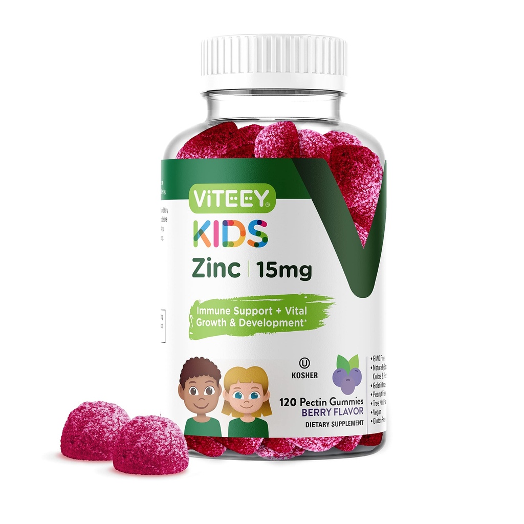 Viteey Zinc for Kids Gummys 15mg - 少年儿童免疫支持 - 强力天然抗氧化剂,儿童锌维生素补充剂 - Vegan, Gelatin Free, Gluten Free - Tasty Chewable Berry Flavor Gummy