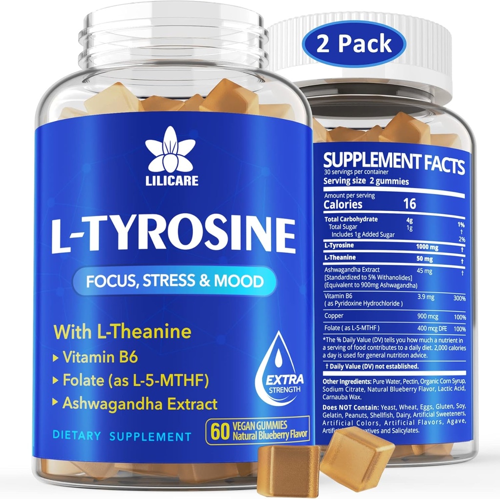 L Tyrosine Gummys 1100mg Mood Support Blend, 配有 Ashwagandha, L-Theanine, 维生素B Complex B6, Folate(维生素B9), 焦点和记忆, 认知和脑功能, 能量靴, 压力支持, 2Pc/120ct