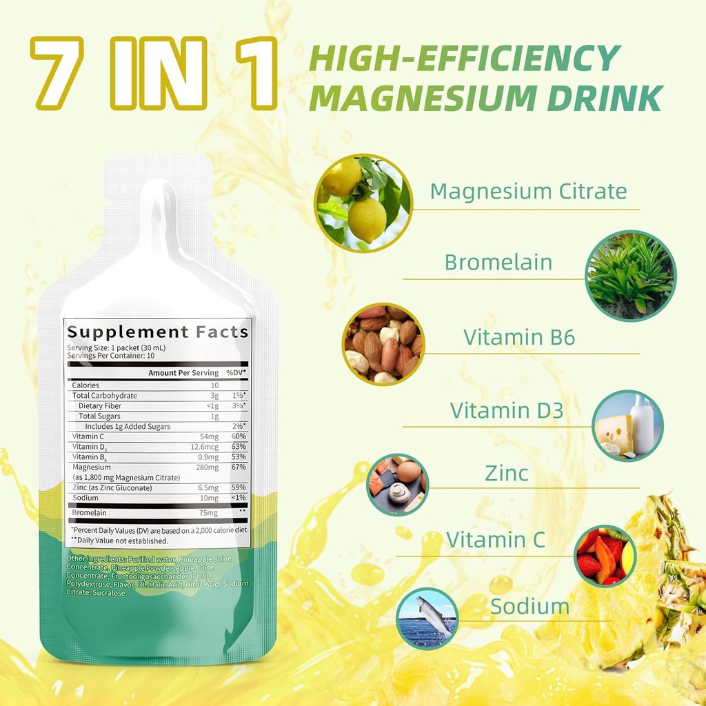 甘油酸镁液体补充剂(10 Fl Oz),含有维生素B、Zinc、钠和Bromelain用于睡眠、Muscle、Heart、Gut支持(菠萝)