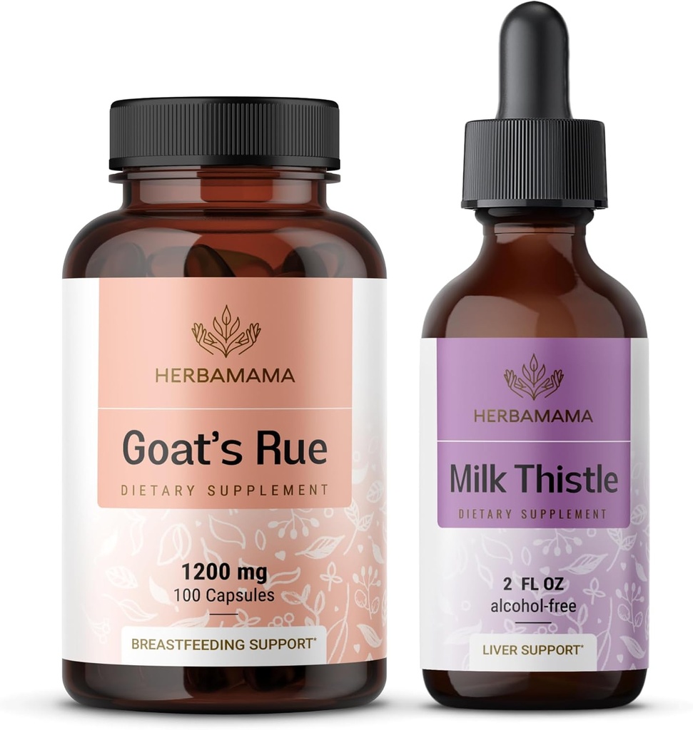 HERBAMAMA山羊的Rue和Milk Title Kit - 1200毫克山羊的Rue Capsules和Milk Title Liver Detox Drops 2 fl oz - Vegan,非GMO,糖和无酒精 - 2 包装