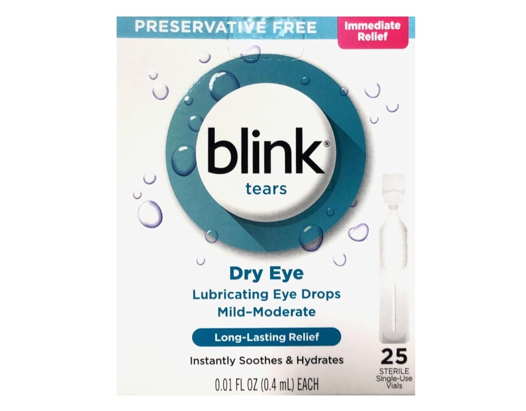 BLINK 眼泪为干眼滴水,防腐性自由润滑眼滴水, 呆滞的单用途维亚尔斯, 温柔的爱眼护理为中度干眼症状缓解, 25 Counter, 0.01 fl oz Vials