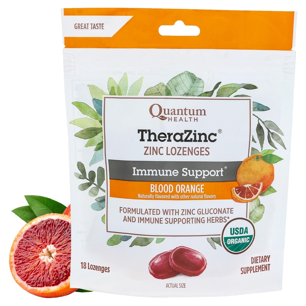 量子健康 TheraZinc 有机锌 Lozenges Echinacea和蜂蜜免疫支持 成人和孩子 12+ 自然燃烧的血橙快速救济,无余味 - 18个伯爵
