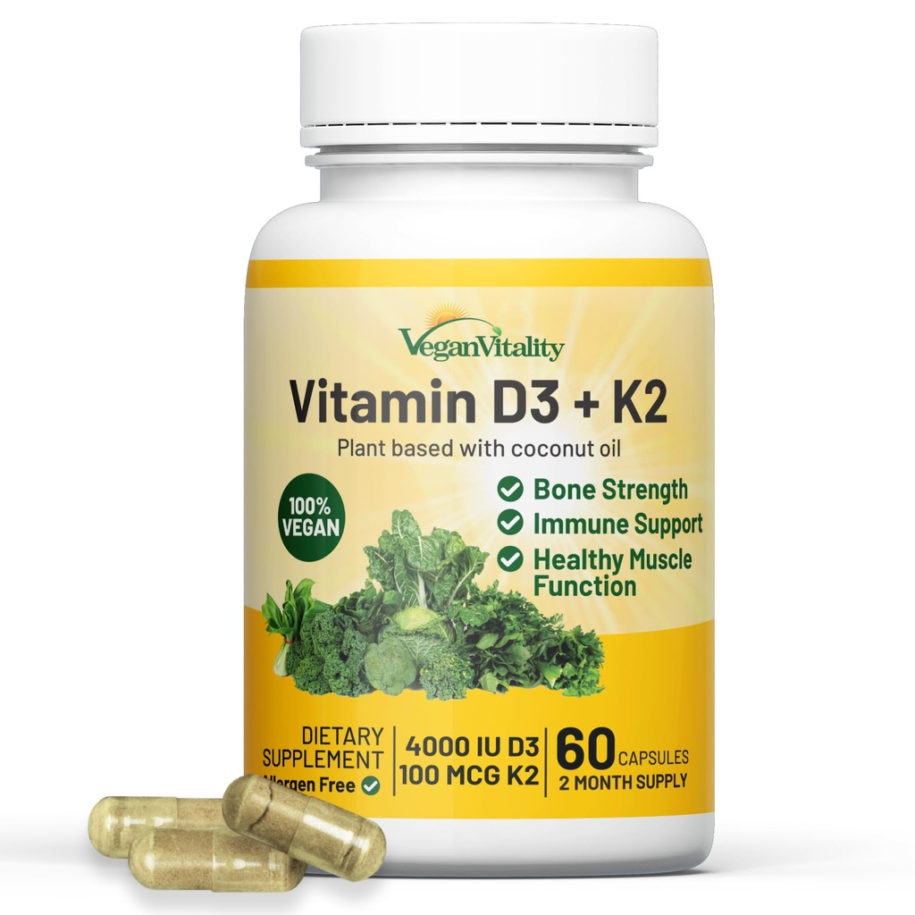 Vegan Vitamin D3 K2 4000IU(100mcg)与椰油,100%的植物基维冈维生素D用于Vegan和蔬菜 - 60 Capsules