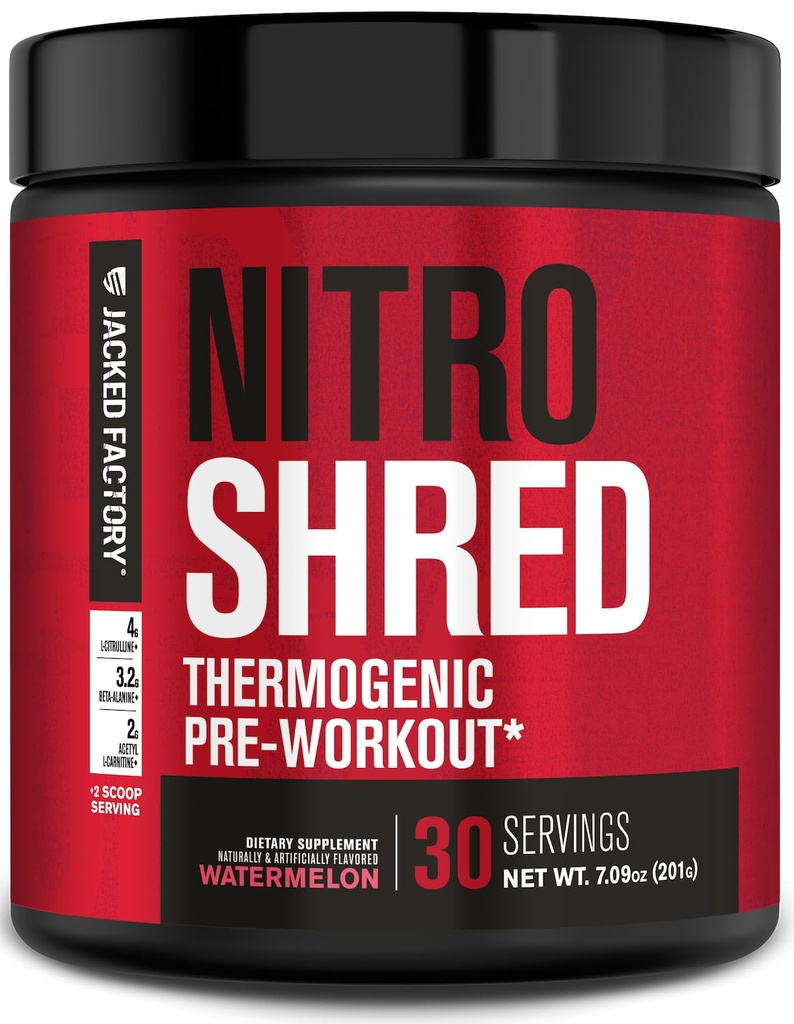 Jacked Factory NITRSURGE Shred Pre Workout Supplement - 能源助推器,即时强力增益器,尖锐聚焦器,强力泵 - Nitric Oxide Boster & PreWorkout Powder - 30Sv,西瓜