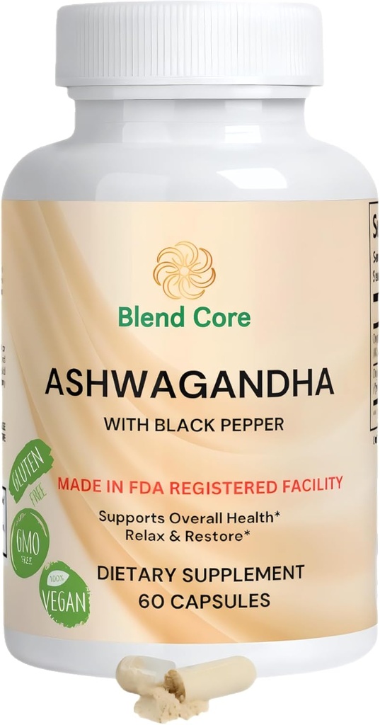 Ashwagandha与黑辣椒 Ashwagandha 补充品 — 60 纯 Ashwagandha Capsules for Immune Support, Energy Boost — Non-GMO Vegan 友好Ashwagandha Complex