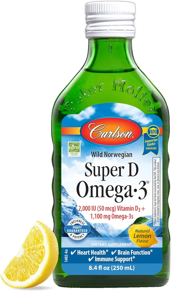 Carlson - Super D Omega-3, Wild-Caught 挪威北极鳕鱼肝油, 2000 IU (50 mcg) 维生素D3, 1100 mg Omega-3s, 可持续源性北欧鱼类油液, 柠檬, 250 ml
